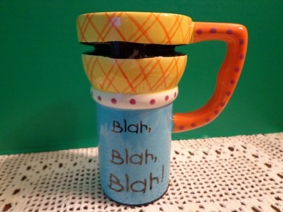 Tall Coffee Mug Blah Blah Blah Yellow Orange Blue Coffee Cup Funky Fun