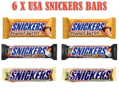 UPC 040000594123 product image for 6 X Usa Imported Snickers Bars - Almond - Peanut Butter - Rockin Road Boxed Gift | upcitemdb.com
