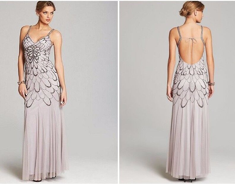 Pre-owned Adrianna Papell Heather Grey Beaded Backless Mesh Art Deco Gown Size 10 $376 In Gray