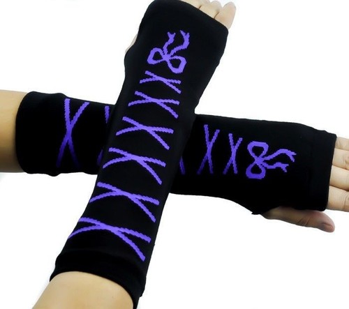 Black-with-Purple-Laces-Ribbon-Elastic-Fingerless-Arm-Warmer-Elbow-Long-Gloves