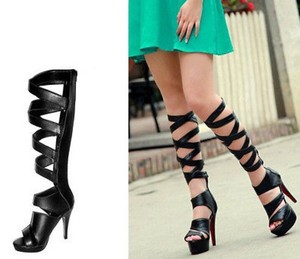 ... Buckle-Strap-Women-Peeptoe-Heels-Knee-High-Platform-Boots-Sandal-Shoes