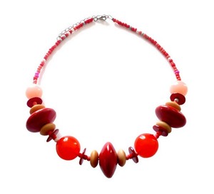 Bijoux Collier Fantaisie Céramique Nacre Résine Verre Rouge