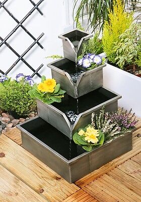 Silver Planter Bucket Water Feature Fountain Four Tiered Cascade Herbs Contained