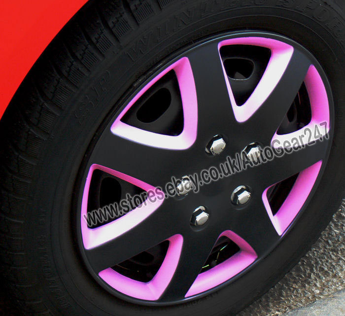 15" inch Matt Black & Pink Car Wheel Trims Hub Cap Covers + 4 Dust Caps