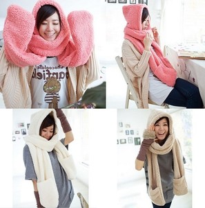 hooded Lamb scarf Hooded Hat Scarf Thick gloves Colors Velvet  Warm Winter Gloves 3 With