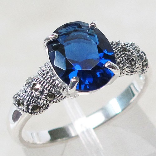 ... REMARKABLE MARCASITE 3 CT SAPPHIRE 925 STERLING SILVER RING SIZE 8