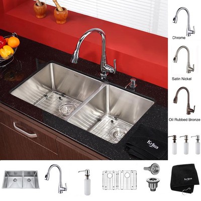 KRAUS 33 Inch Undermount Double Bowl Stainless Steel Kitchen Sink with ...