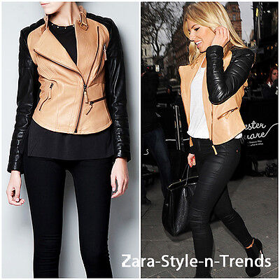 Pre-owned Zara Size M -  Leather Biker Jacket With Zips Two Tone Black Camel Beige Coat In Black/ Camel/ Beige