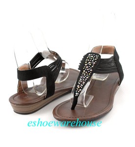 Black-Elastic-Strings-T-Strap-Rhinestone-Chic-Gladiator-Flat-Wedge ...