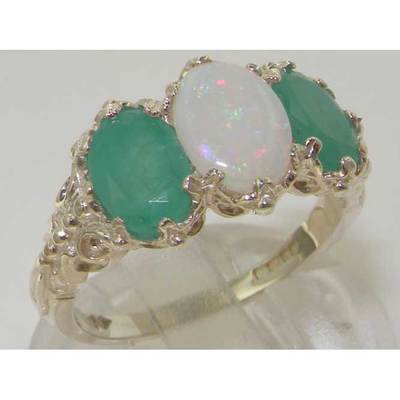 Pre-owned Gems Of America 10k White Gold Natural Opal & Emerald Womens Trilogy Ring - Sizes 4 To 12 In Multicolor