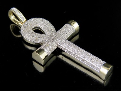 Pre-owned Jewelry Unlimited Men's 10k Yellow Gold Puff Ankh Cross Genuine Diamond Pendant 0.55 Ct 1.8" In I-j
