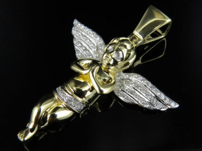 Pre-owned Jewelry Unlimited Men's 10k Yellow Gold Praying Angel Genuine Diamond Pendant Charm 0.88ct 1.8" In G-h