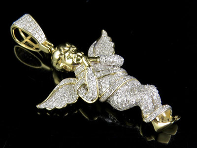 Pre-owned Jewelry Unlimited Men's 10k Yellow Gold Genuine Diamond Ice Out Praying Angel Pendant 7/8 Ct 1.6"