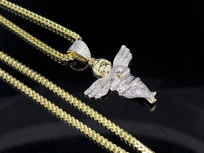 Pre-owned Jewelry Unlimited Men's 10k Yellow Gold Genuine Diamond Cherub Angel Pendant Charm Chain Set 0.... In H-i