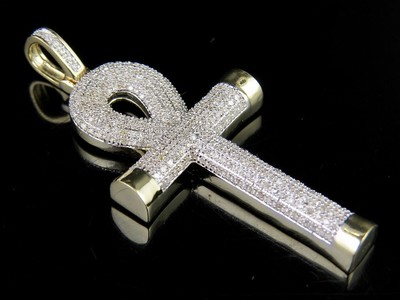 Pre-owned Jewelry Unlimited Men's 10k Yellow Gold Puff Ankh Cross Genuine Diamond Pendant 0.55 Ct 1.8" In I-j