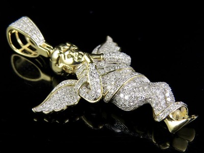 Pre-owned Jewelry Unlimited Men's 10k Yellow Gold Genuine Diamond Ice Out Praying Angel Pendant 7/8 Ct 1.6"