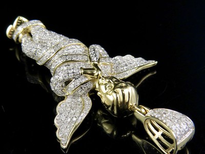 Pre-owned Jewelry Unlimited Men's 10k Yellow Gold Genuine Diamond Ice Out Praying Angel Pendant 7/8 Ct 1.6"