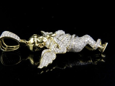 Pre-owned Jewelry Unlimited Men's 10k Yellow Gold Genuine Diamond Ice Out Praying Angel Pendant 7/8 Ct 1.6"