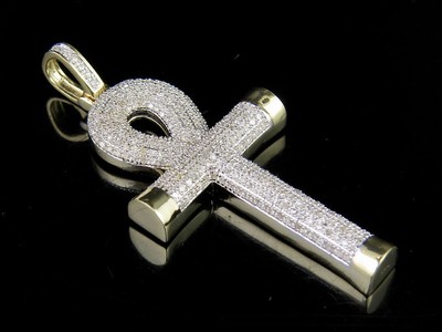 Pre-owned Jewelry Unlimited Men's 10k Yellow Gold Puff Ankh Cross Genuine Diamond Pendant 0.55 Ct 1.8" In I-j