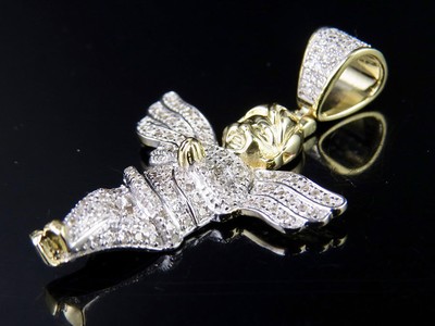 Pre-owned Jewelry Unlimited Men's 10k Yellow Gold Genuine Diamond Cherub Angel Pendant Charm Chain Set 0.... In H-i