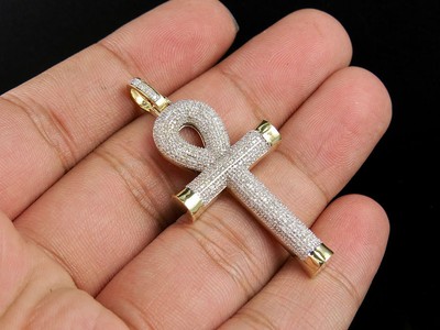 Pre-owned Jewelry Unlimited Men's 10k Yellow Gold Puff Ankh Cross Genuine Diamond Pendant 0.55 Ct 1.8" In I-j