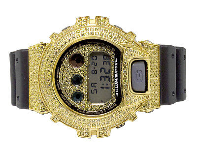 Pre-owned G-shock Mens Casio Shock 6900 Yellow Gold Plated Canary Simulated Diamond Watch 5.5 Ct