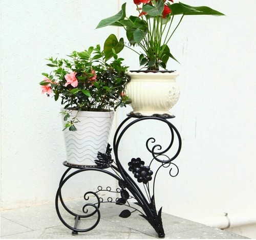 2 TIER Black Metal Flower Pot Plant ...
