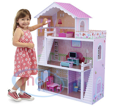 MCC Wooden Kids Doll House With Furniture & Staircase Fits Barbie Dollhouse