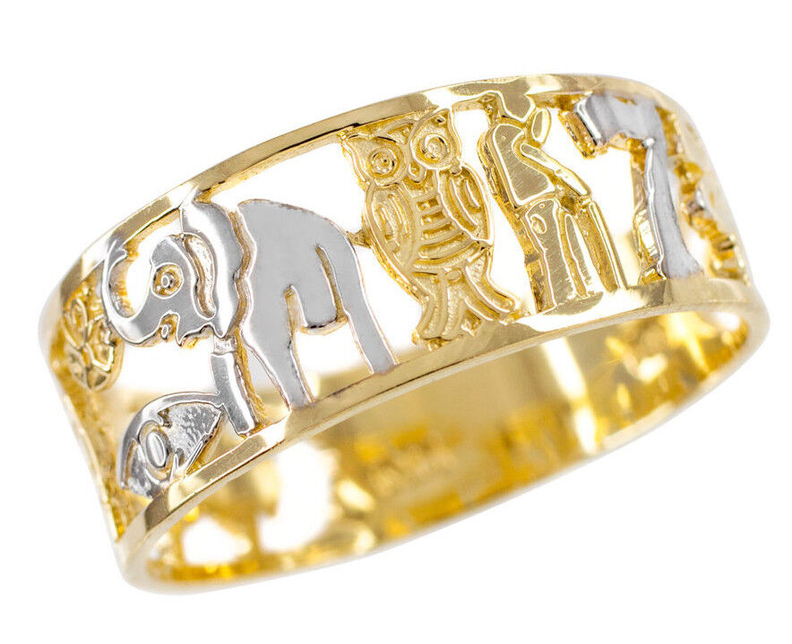 Pre-owned Claddagh Silver 14k Two-tone Gold Lucky Owl, Elephant, Horseshoe, Seven, Cross, Evil Eye Ring In Yellow