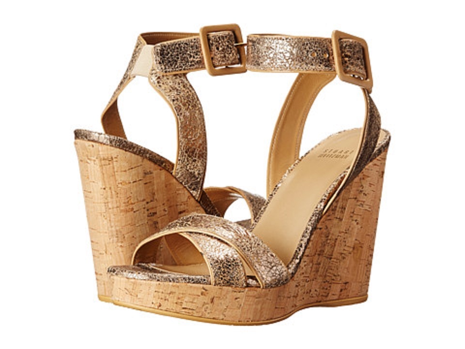 Pre-owned Stuart Weitzman $398  Womens Us 10 Annex Penny Cracked Wedge Sandals Shoes Bx In Gold/penny Cracked