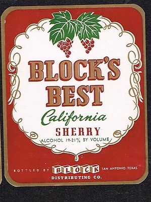 1940s San Antonio Texas Block's Best California Sherry Wine