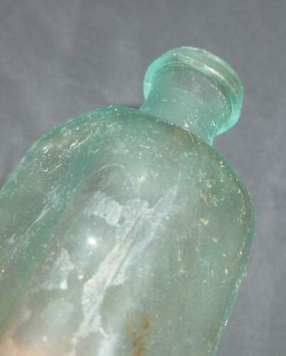 OPEN PONTILl MEDICINE BOTTLE-Early Aqua  Glass Concave Corner -1840s-1850s