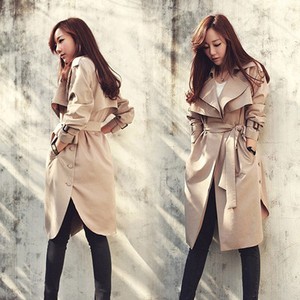 Women Belt Long Trench Coat Apricot Outerwear Overcoat Winter Windbreaker Parka