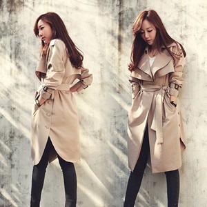 Women Belt Long Trench Coat Apricot Outerwear Overcoat Winter Windbreake​r Parka