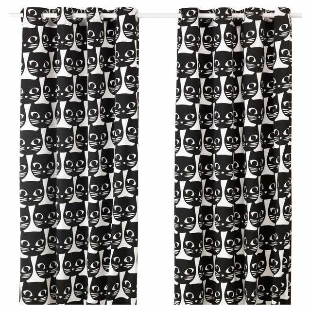 White Curtains black and white curtains ikea : IKEA Mattram Cat Curtains 1 Pair Black White Cute Kitty Kitten ...