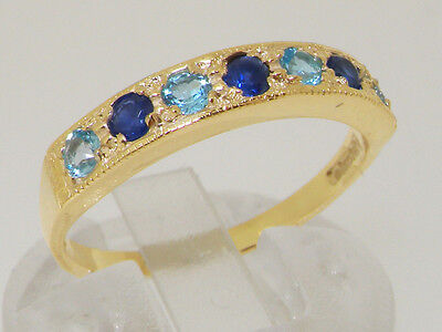 Pre-owned Gems Of America Solid 10k .417 Yellow Gold Natural Sapphire & Topaz Band Ring - Sizes 4 To 12 In Blue