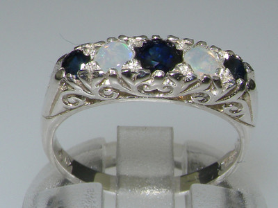 Pre-owned Gems Of America 9ct White Gold Natural Sapphire & Opal Womens Band Ring - Sizes 4 To 12 In Blue