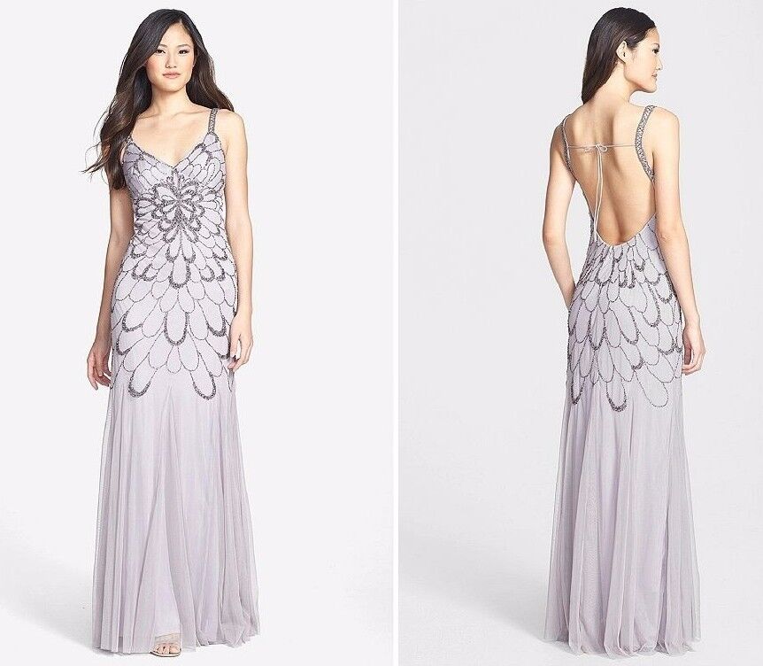 Pre-owned Adrianna Papell Heather Grey Beaded Backless Mesh Art Deco Gown -nwt Size 8 $376 In Gray