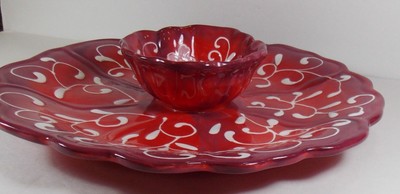 Chip and Dip Platter/Bowl/Red Ceramic/White Swirl Design