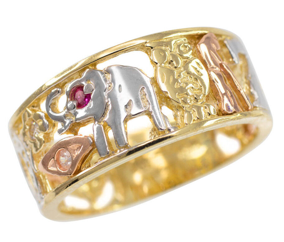 Pre-owned Claddagh Gold 14k Two-tone Solid Gold Red Cz Owl, Elephant, Horseshoe,evil Eye, Seven, Flower.