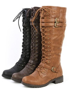 boots combat knee lace leather buckle womens military riding pu shoes wish