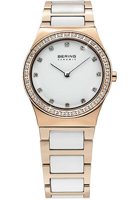 Pre-owned Bering Womens 32430-761 Ceramic White Dial Rose Gold Stainless Steel Band Watch