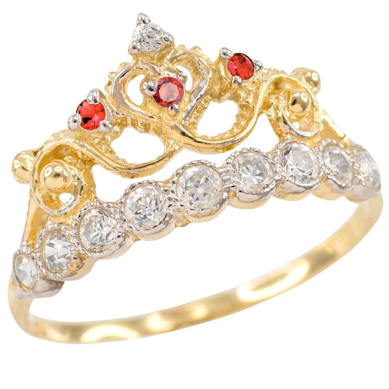 Pre-owned Claddagh Gold 14k Yellow Gold Quinceaã±era 15 Aã±os Conora Red & White Cz Crown Ring