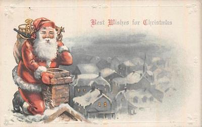 BEST WISHES FOR CHRISTMAS SANTA CLAUS CHIMENY HOLIDAY EMBOSSED POSTCARD (Best Wishes For Vacation)