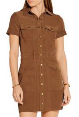 Pre-owned Current Elliott $998 Sz 1 Small  The Trucker Suede Mini Shirt Dress Brown
