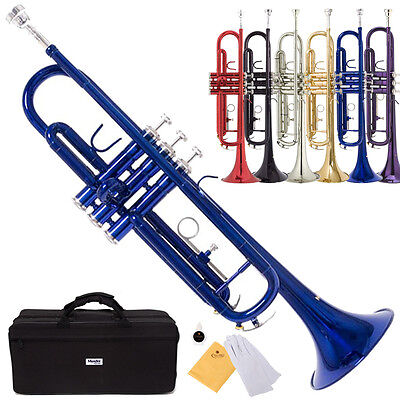Color:Blue:Mendini Bb Beginner Trumpet in Gold Silver Black Blue Purple Red +Care Kit+Case