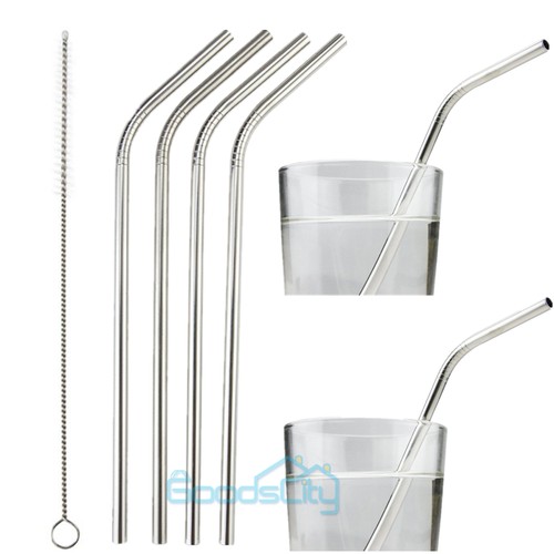 4 Stainless Steel Drinking Straw Set Bent ...