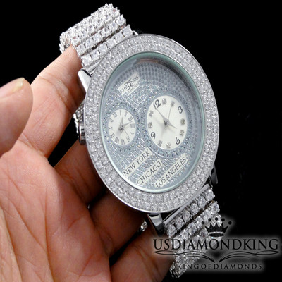 Pre-owned Usdiamondking Men Khronos 14k White Gold Finish 2 Row Dual Timer Genuine Diamond Custom Watch