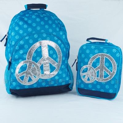NWT OLD NAVY GIRLS BACKPACK + LUNCHBOX LUNCH BAG BOX SET peace glitter