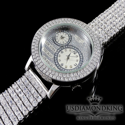 Pre-owned Usdiamondking Men Khronos 14k White Gold Finish 2 Row Dual Timer Genuine Diamond Custom Watch